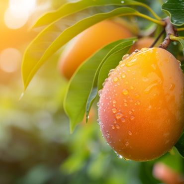 Beautiful juicy ripe mango hang on a branch in the summer garden.